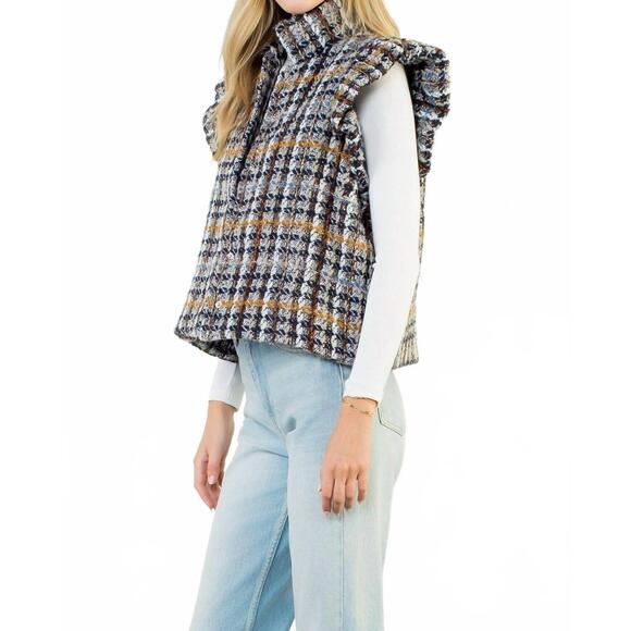 NEW THML plaid tweed collared vest in blue - Picture 3 of 6